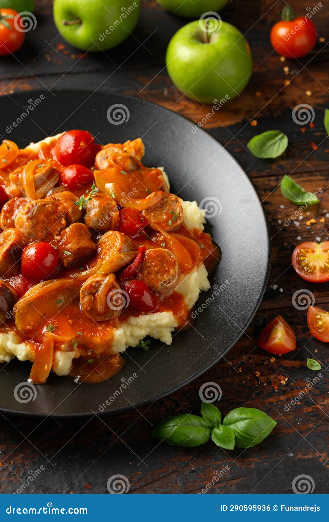 Devilled Sausages with Mashed Potato, Spiced Tomato and Apple Sauce
