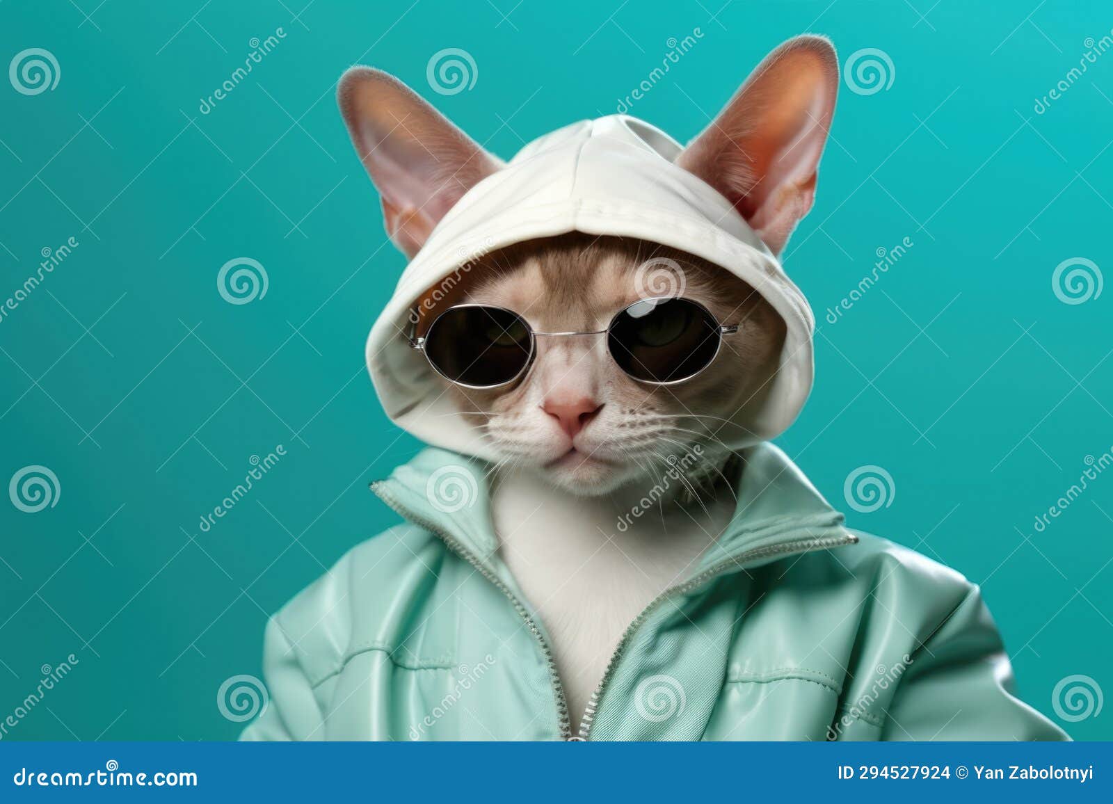 devon rex cat dressed as a rapper on mint color background