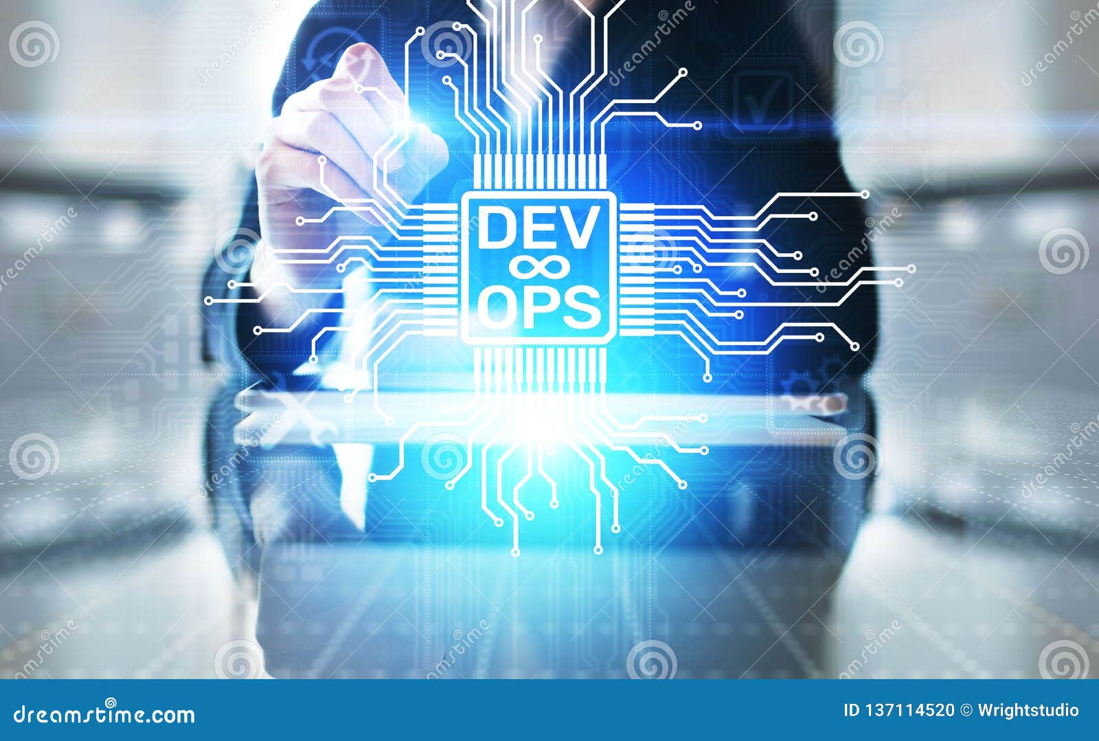 devops agile development and optimisation concept on virtual screen.