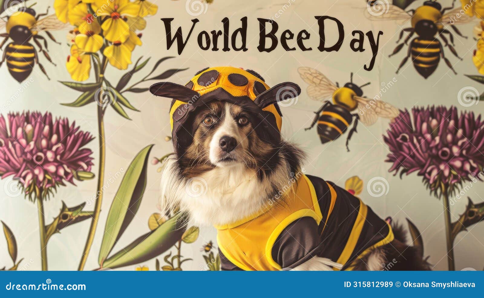 a devoted dog in a bee outfit pays homage to pollinators amidst illustrated blooms for world bee day