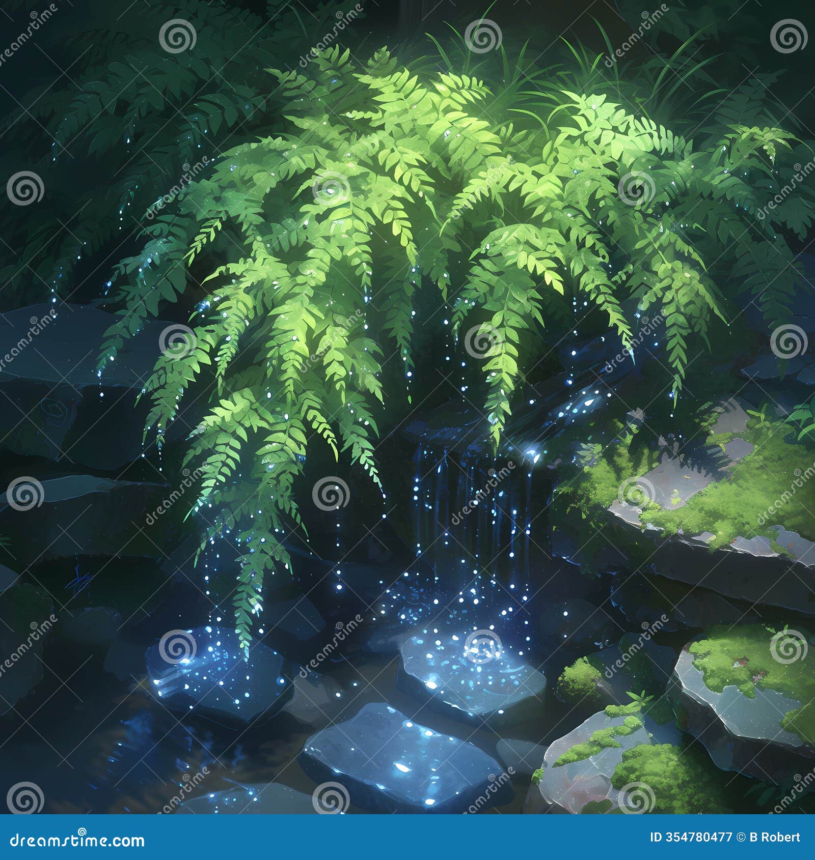 dew-kissed ferns arching over a serene forest floor