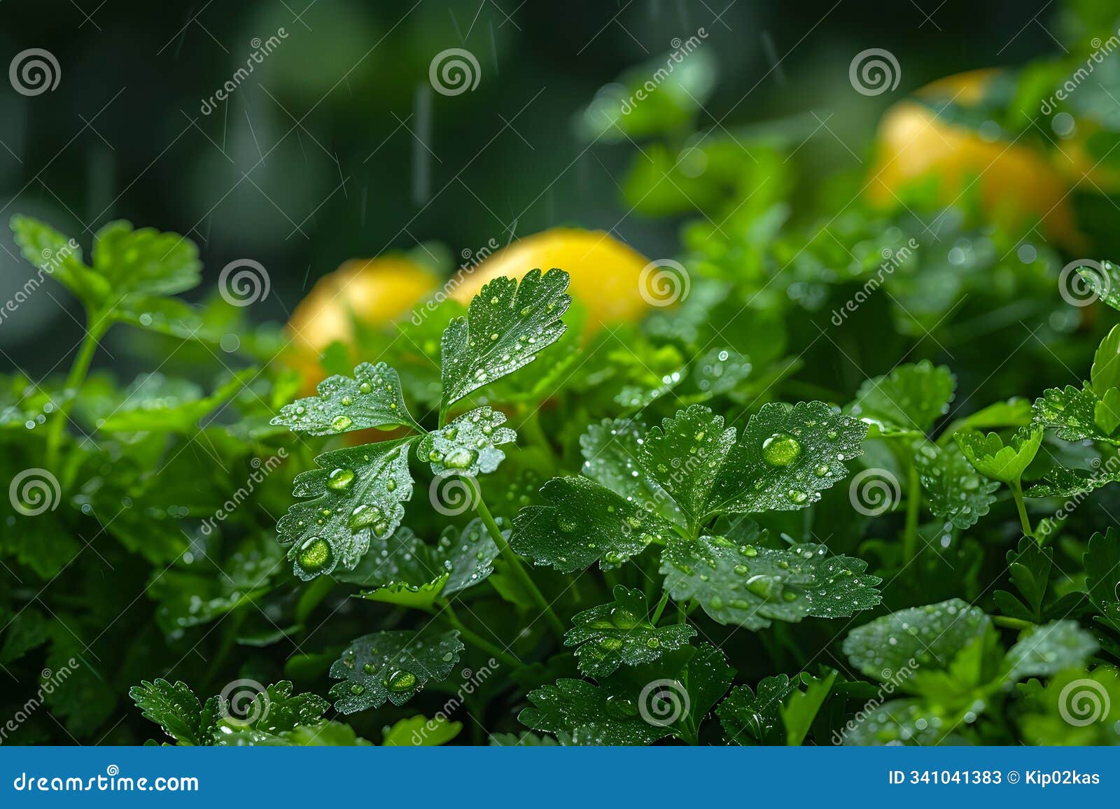 lush garden with dew-kissed leaves under gentle rainfall generative ai