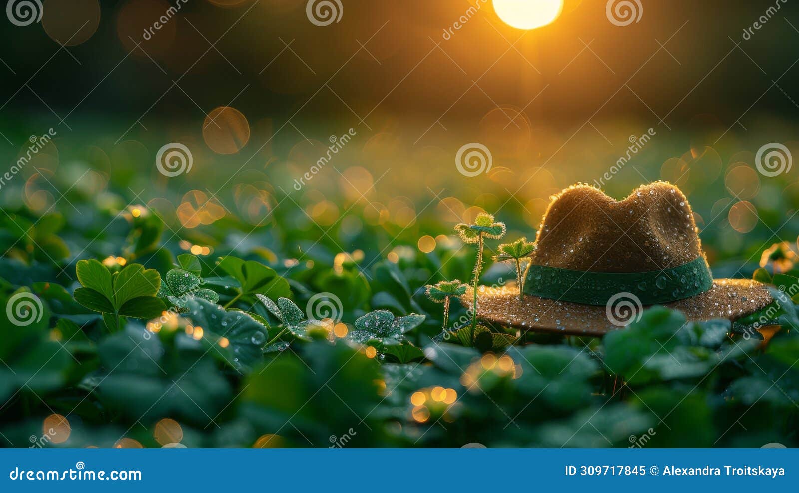 dew-speckled traditional irish hat resting among fresh clover leaves, with a warm sunrise and soft bokeh in the background,
