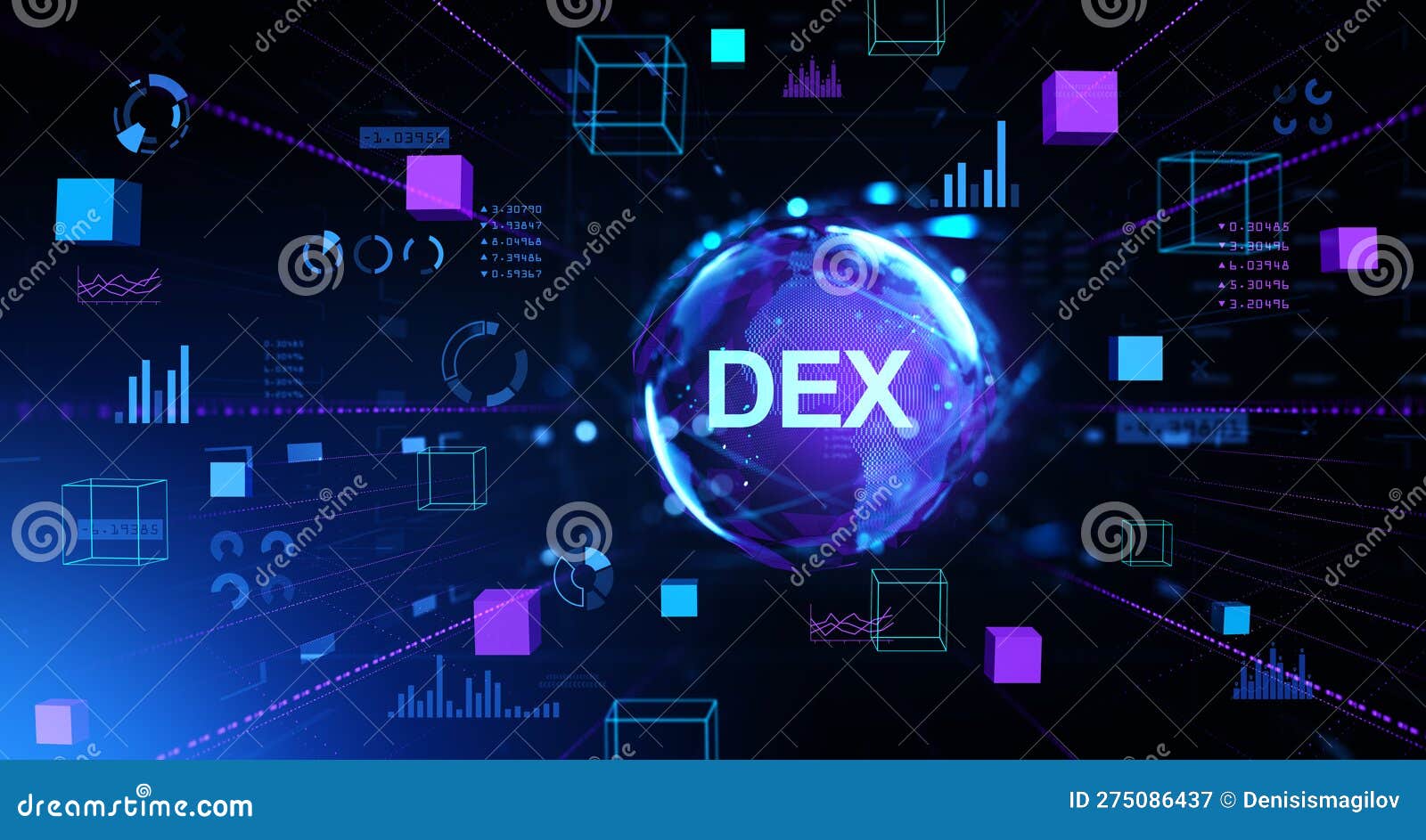 dex hologram with cryptocurrency, blockchain and digital asset