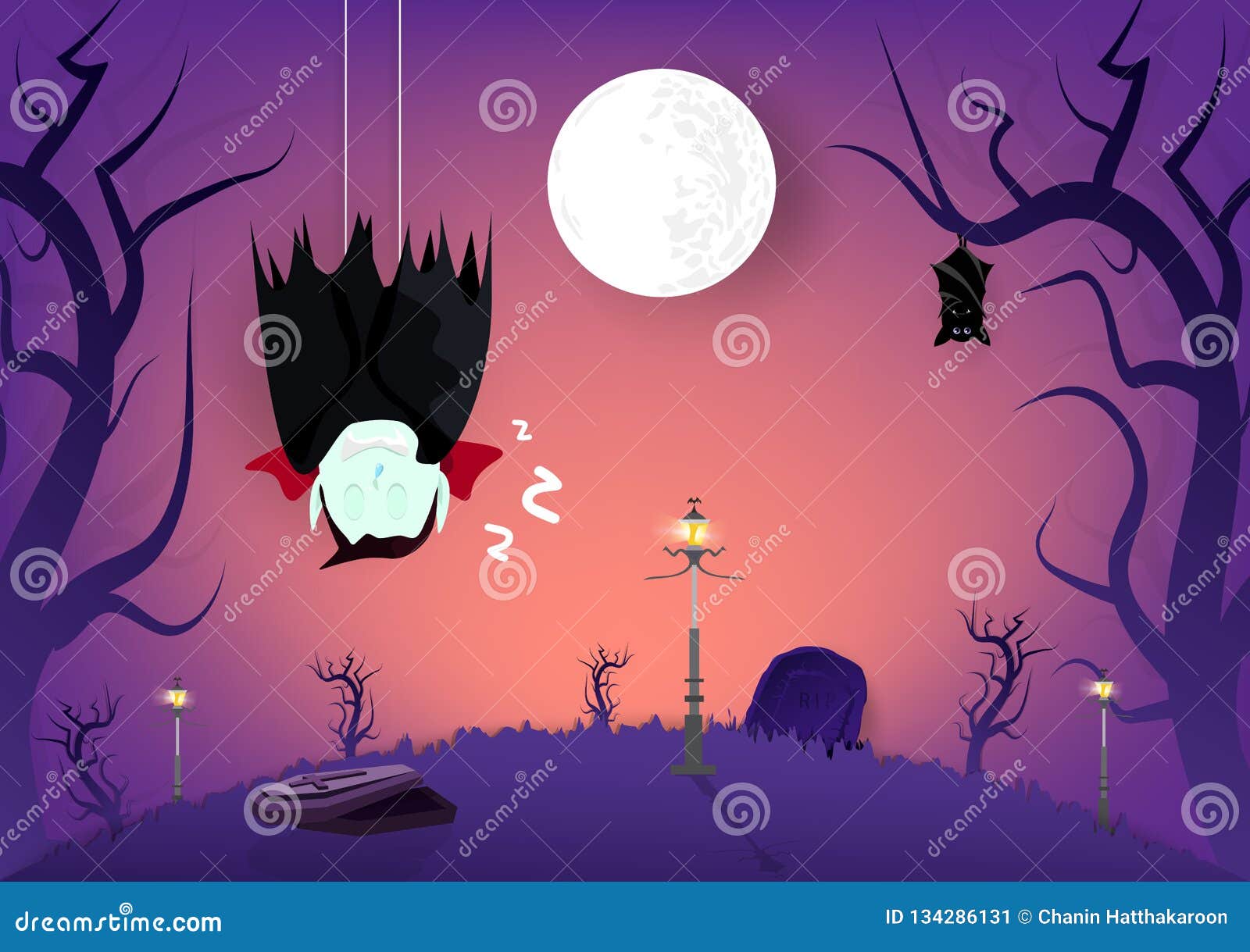 Desenho de halloween de vampiro no fundo do cemitério