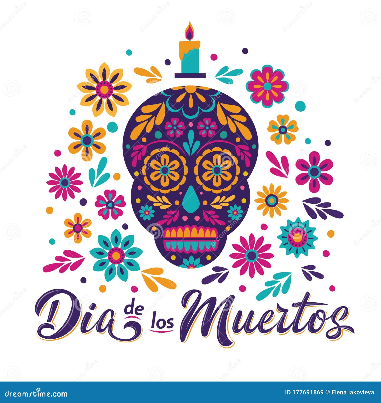 dia de los muertos card with decorated skull, flowers and lettering sign