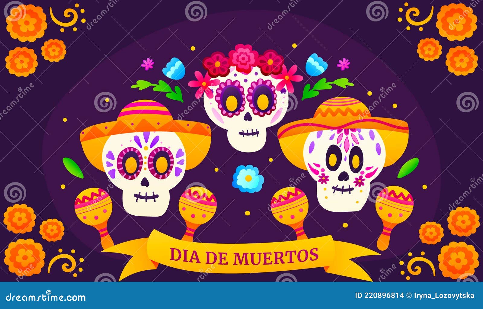Dia De Los Muertos Greeting Banner with Colourful Sugar Skulls and Flowers,  Mexican Day of Dead with Cute Skeletons Stock Vector - Illustration of  vector, death: 220896814