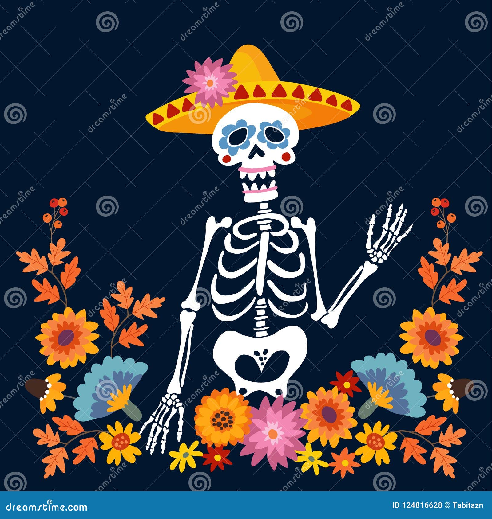 dia de los muertos greeting card, invitation. mexican day of the dead. skeleton with sombrero hat and floral frame