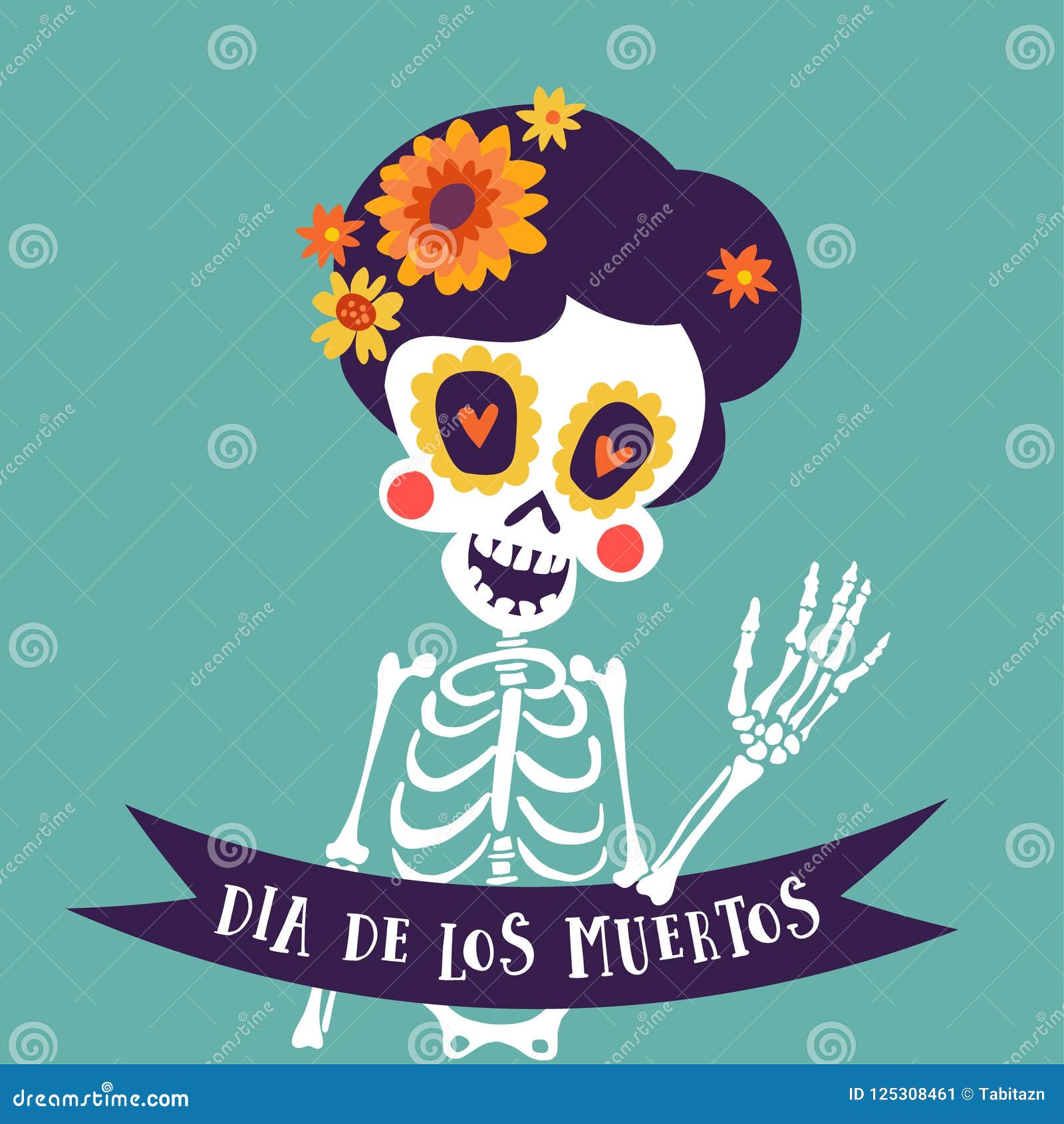 dia de los muertos greeting card, invitation. mexican day of the dead. skeleton woman with flowers and ribbon banner