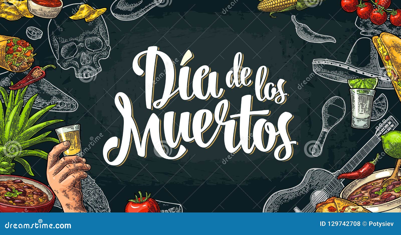 dia de los muertos lettering and mexican traditional food