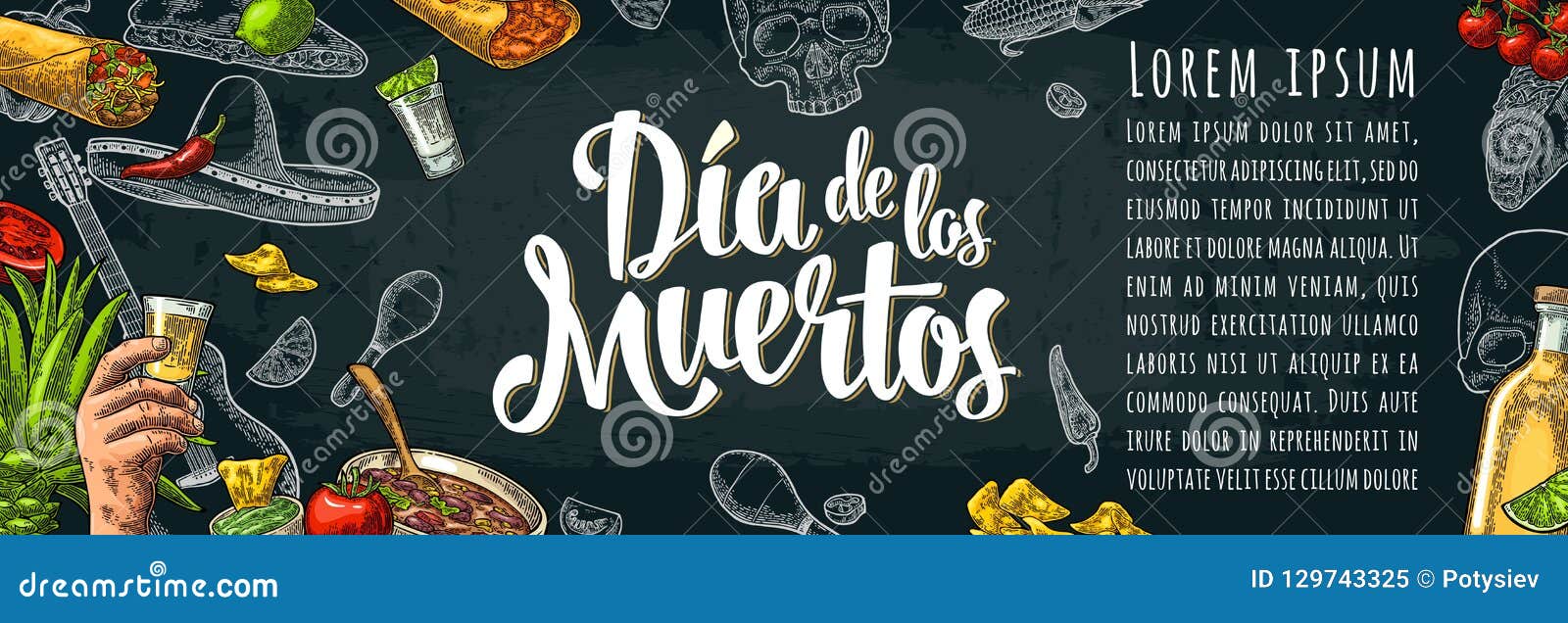 dia de los muertos lettering and mexican traditional food