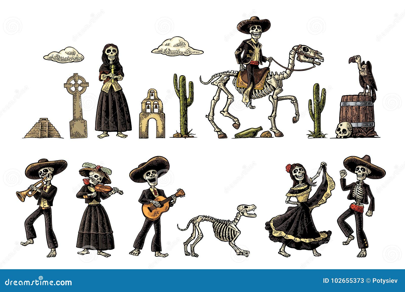 dia de los muertos. the skeleton in mexican national costumes