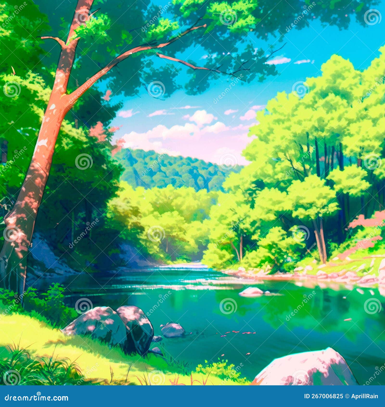 Fundo de anime com uma floresta e uma lagoa
