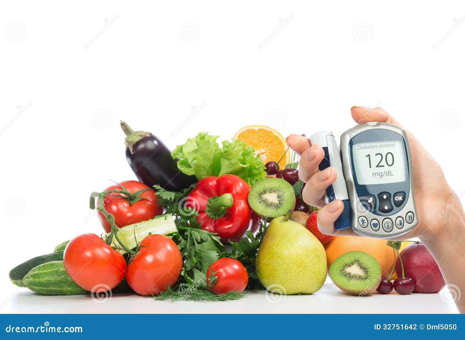 diabetes concept glucose meter fruits and vegetables