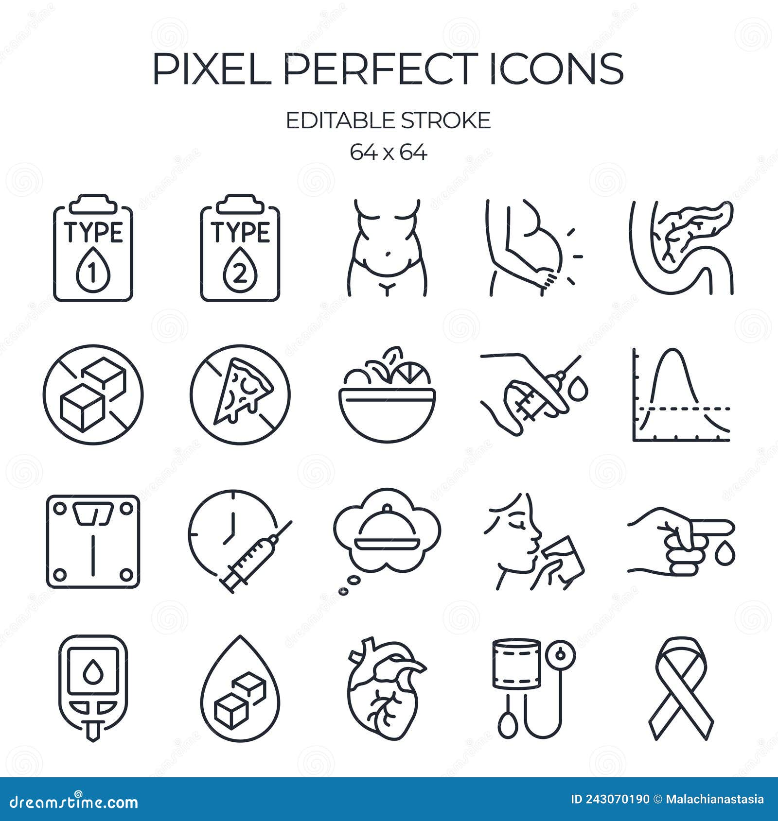 diabetes mellitus related editable stroke outline icons set  on white background flat  . pixel perfect.