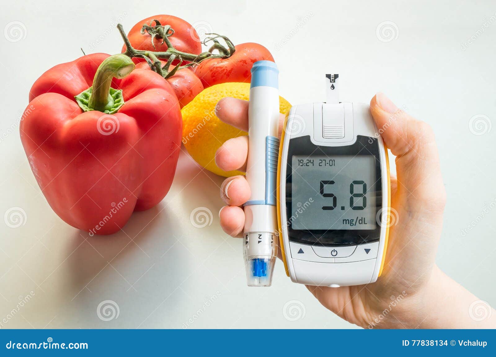 diabetic diet, diabetes and healthy eating concept. glucometer and vegetables.