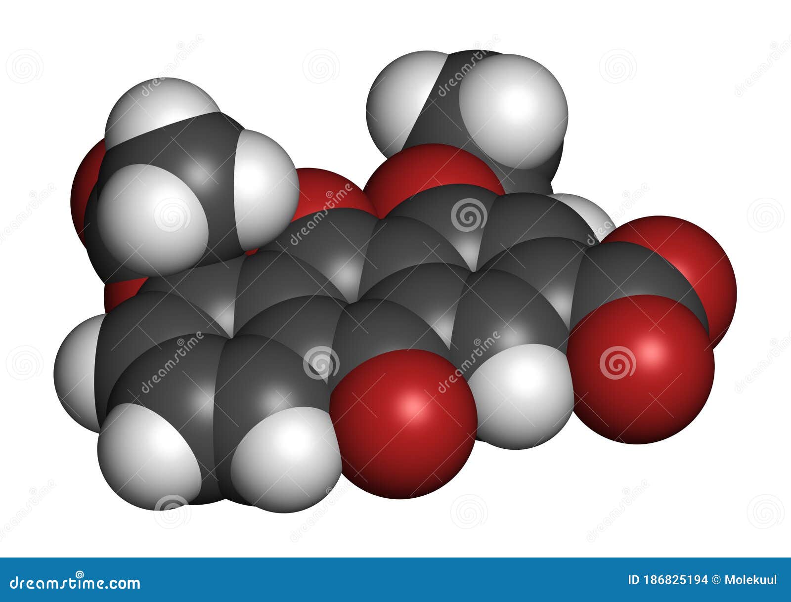 diacerein drug molecule. 3d rendering. atoms are represented as spheres with conventional color coding: hydrogen (white), carbon (