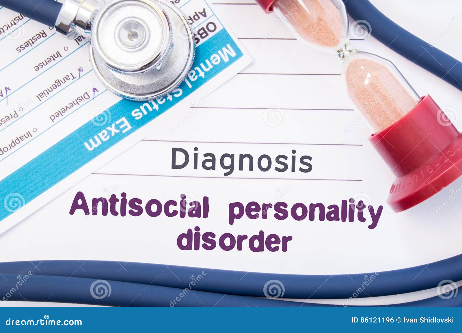 diagnosis of antisocial personality disorder aspd. on psychiatrist or psychologist table is paper with inscription antisocial pe