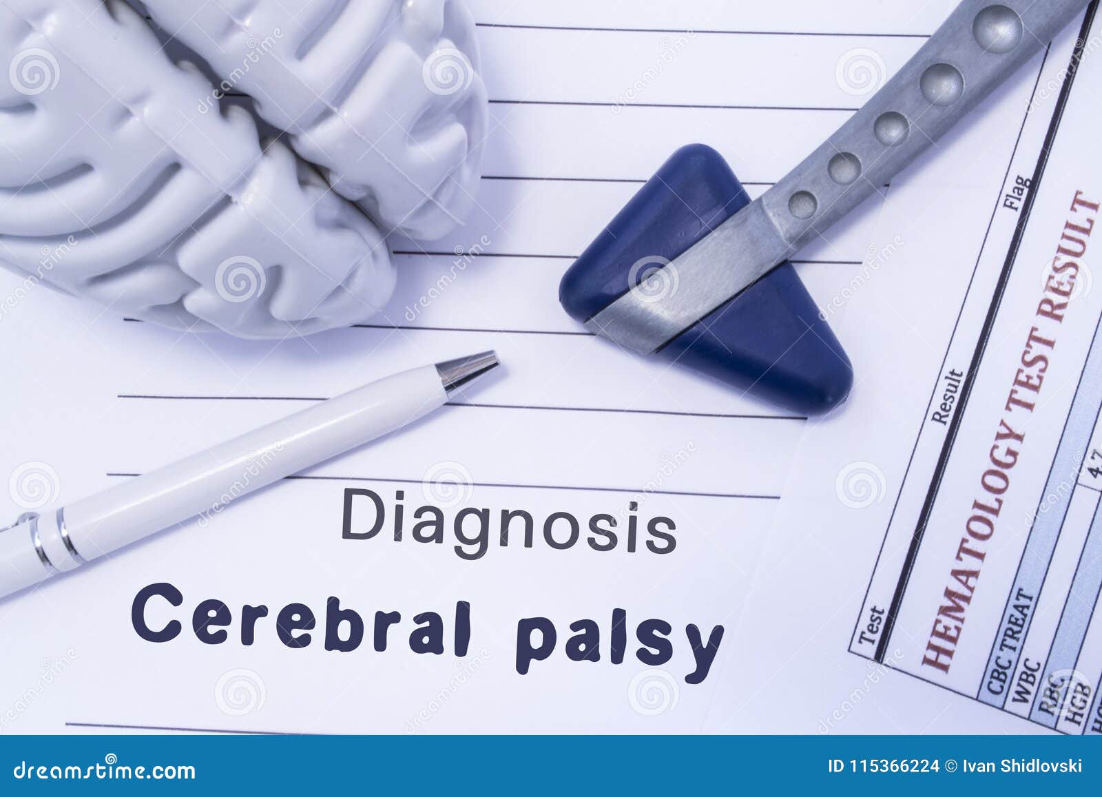 diagnosis cerebral palsy. figure brain, neurological hammer, printed on a paper blood test and written diagnosis of cerebral palsy