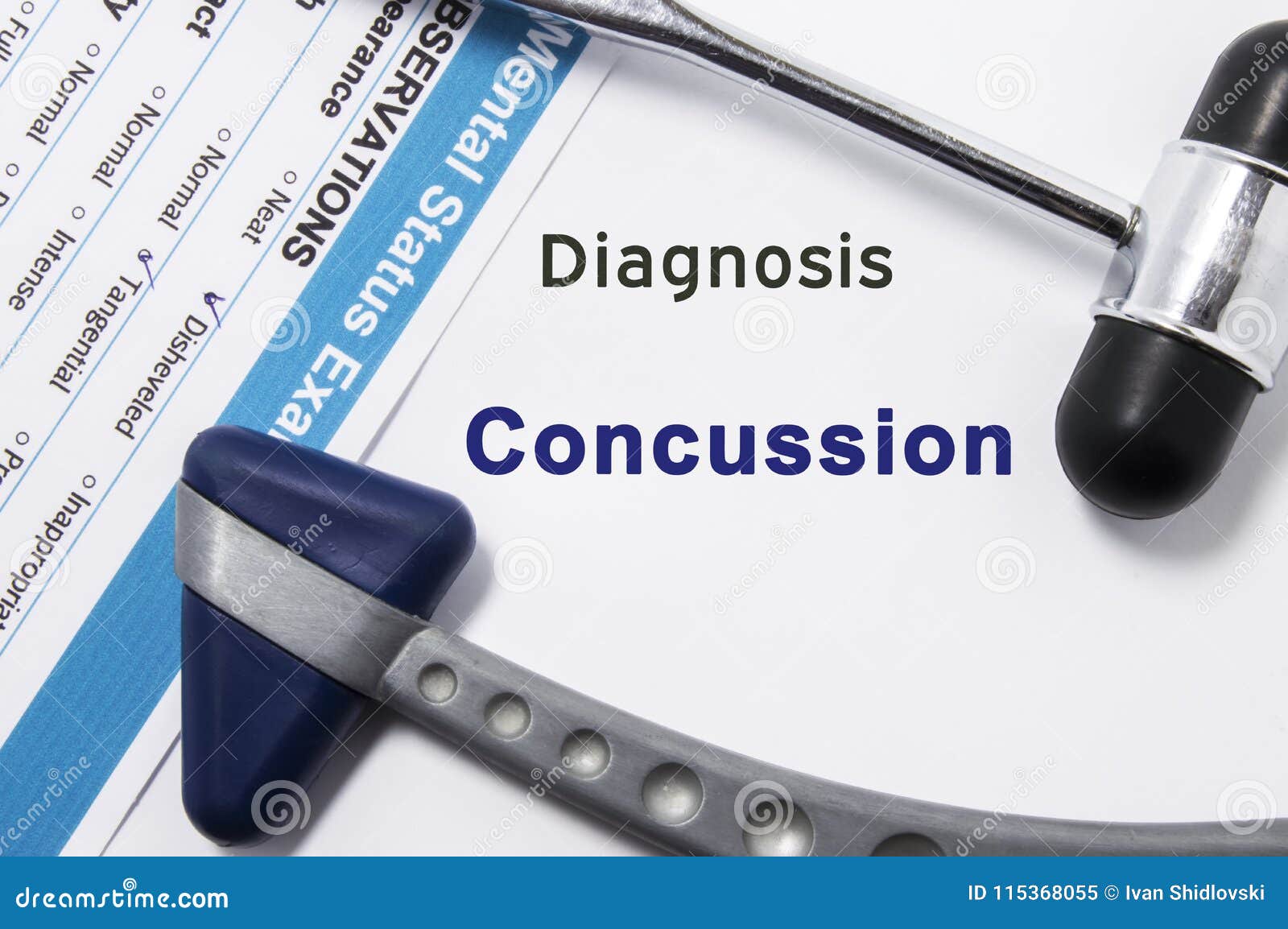 diagnosis of concussion. two neurological hammer, result of mental status exam and name of neurologic psychiatric diagnosis concus