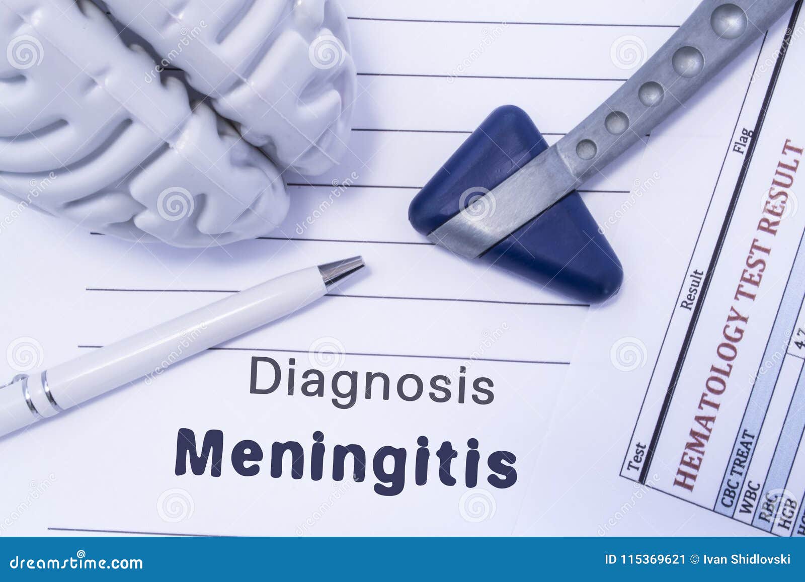 diagnosis meningitis. figure brain, neurological hammer, printed on a paper blood test and written diagnosis of meningitis in the