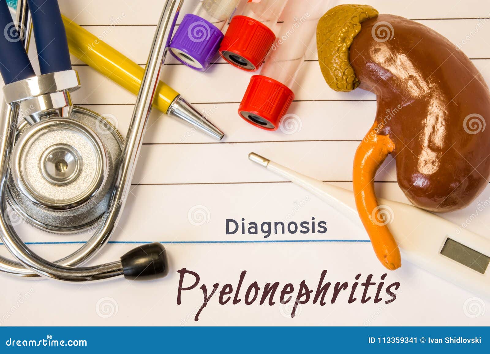 Diagnosis Pyelonephritis Photo. Figure of Kidney Lies Next To Diagnosis Pyelonephritis Photo. Figure of Kidney Lies Next To