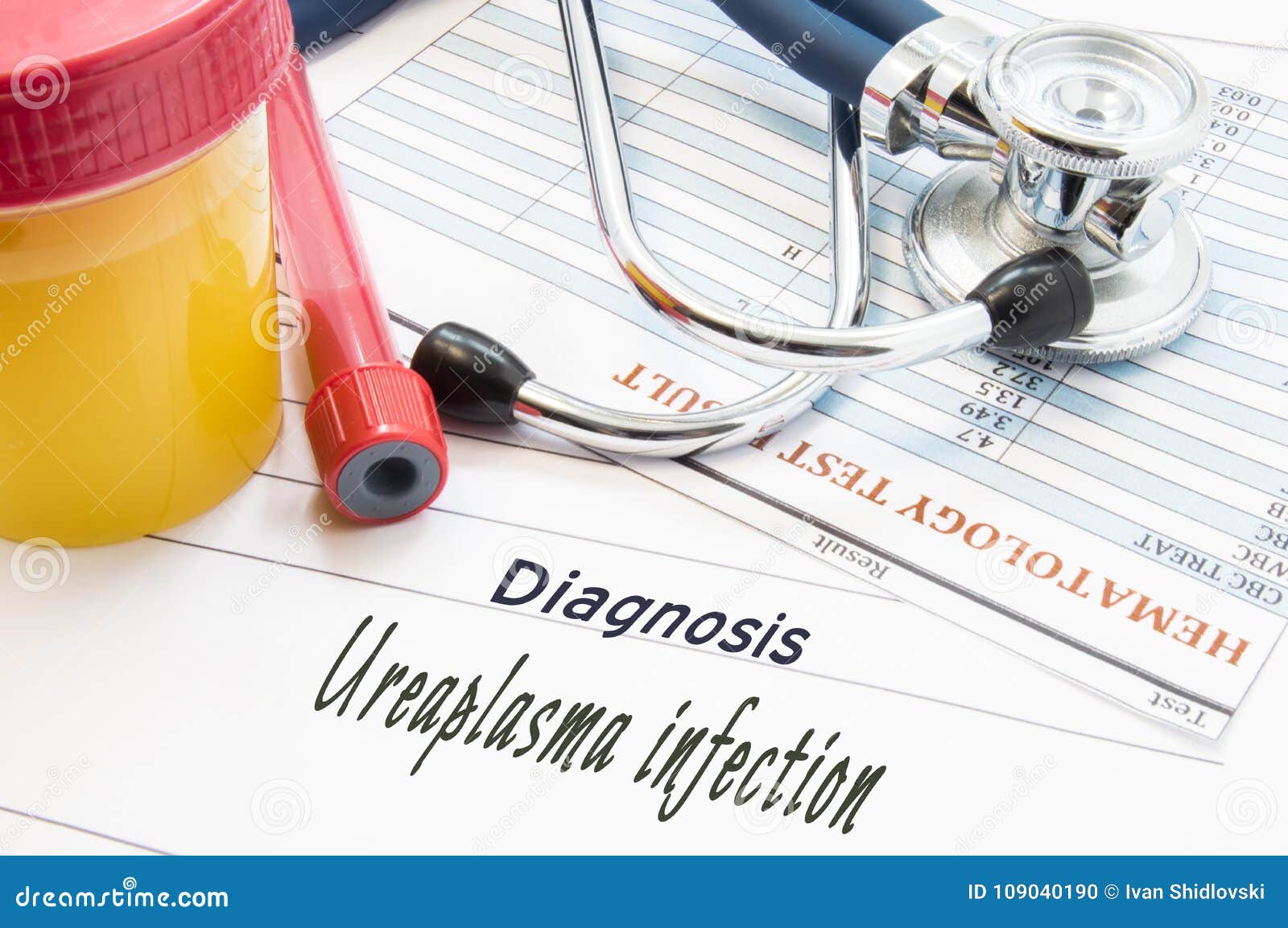 Diagnosis Ureaplasma Infection. Stethoscope, Lab Blood Test Tube Diagnosis Ureaplasma Infection. Stethoscope, Lab Blood Test Tube