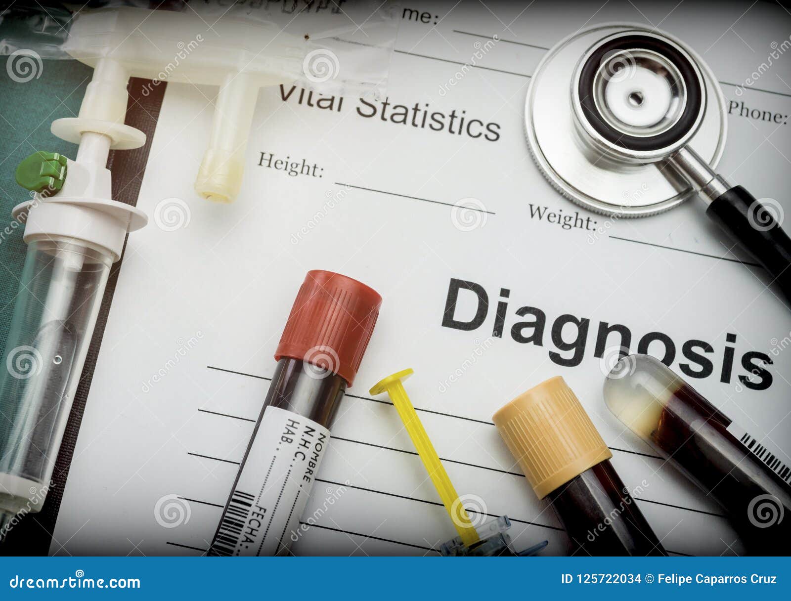 Diagnostic Form, Vial of Blood Samples and Medicine in a Hospital ...