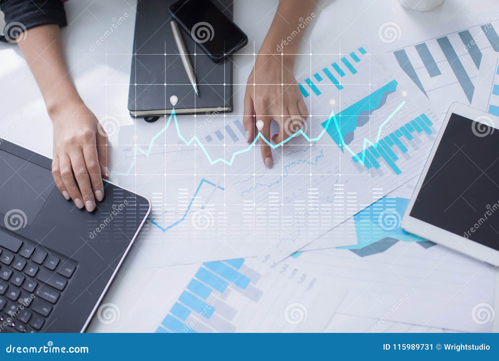 diagrams and graphs on virtual screen. business strategy, data analysis technology and financial growth concept.