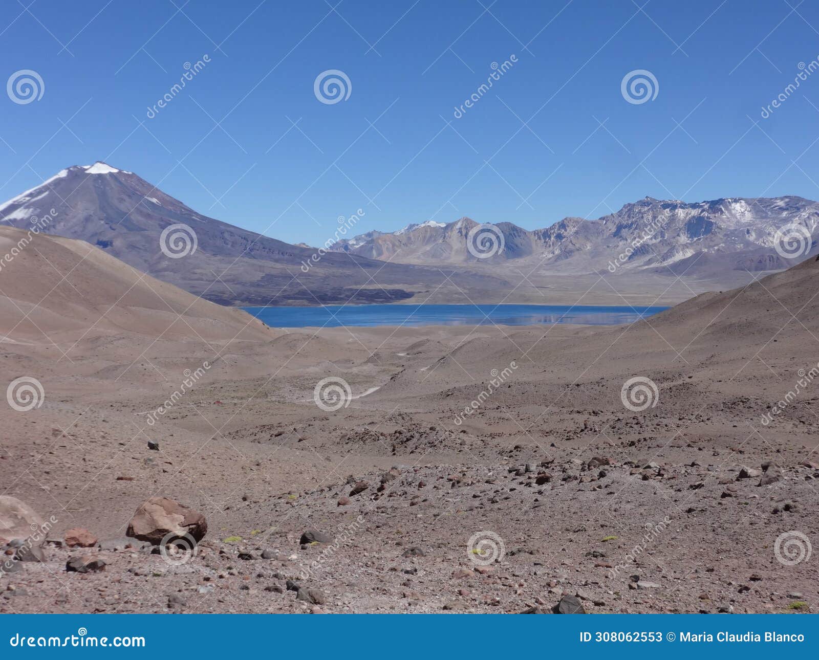 diamante lagoon with maipo volcano in mendoza. argentina