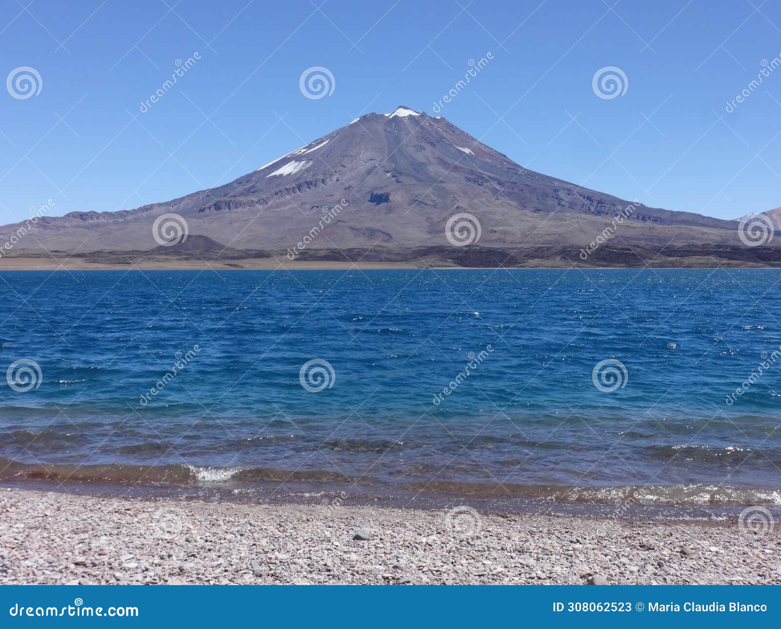 diamante lagoon with maipo volcano in mendoza. argentina