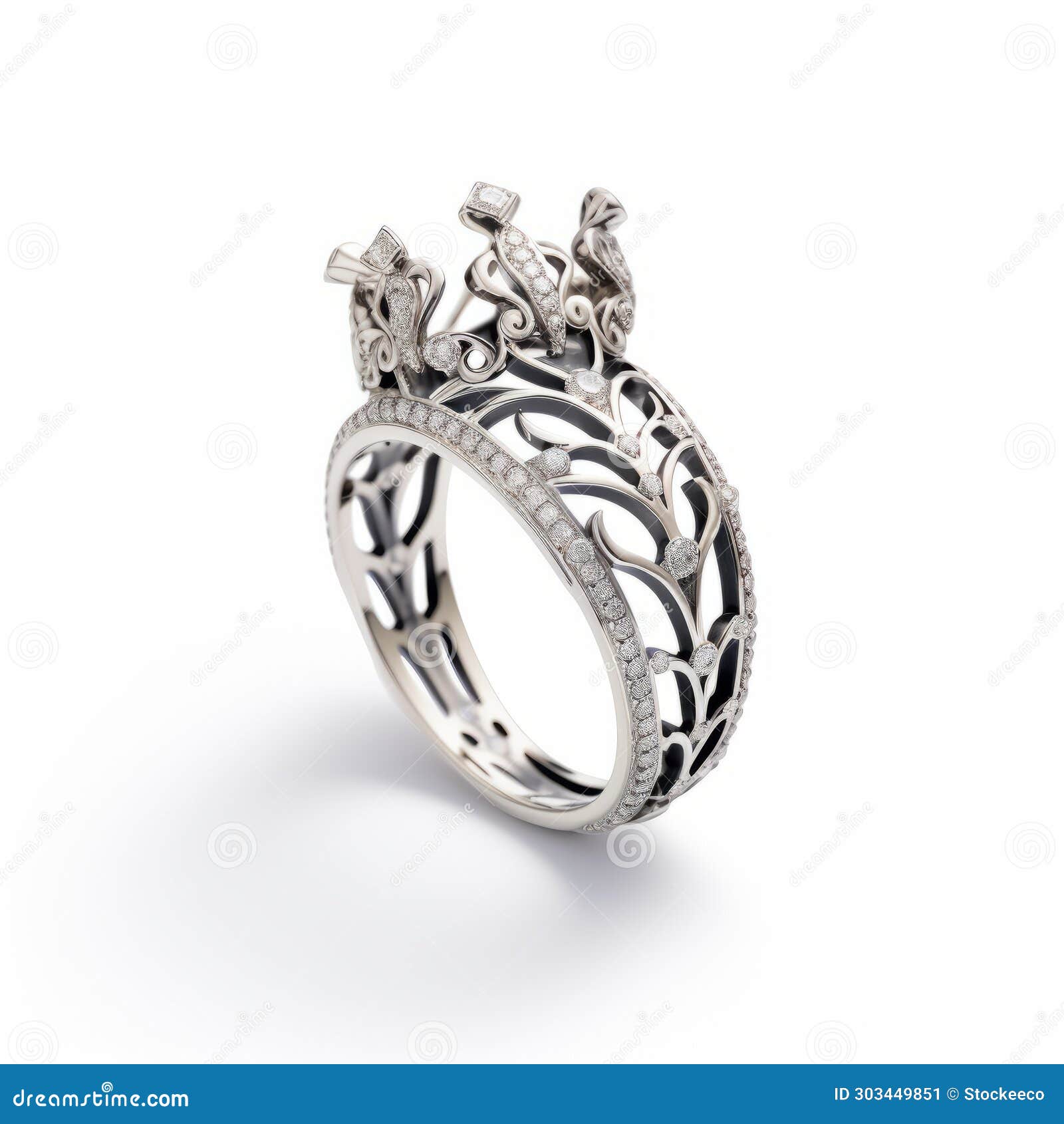 Diamond Crown Ring Bold Shadows and Delicate Line Work Stock