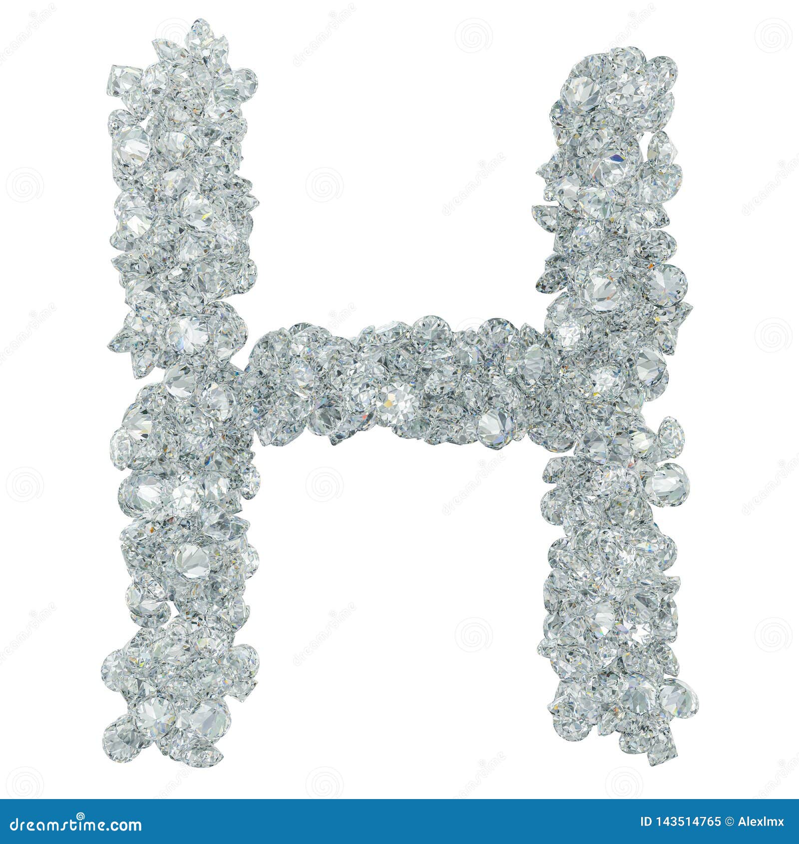 Diamond Font, Letter H from Diamonds. 3D Rendering Stock Illustration