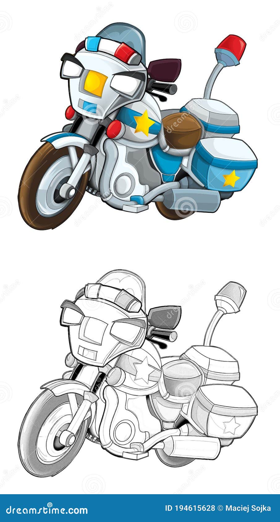 Dibujo Animado Moto De La Policía Sobre Ilustración De Fondo Blanco Stock de  ilustración - Ilustración de técnico, metal: 194615628