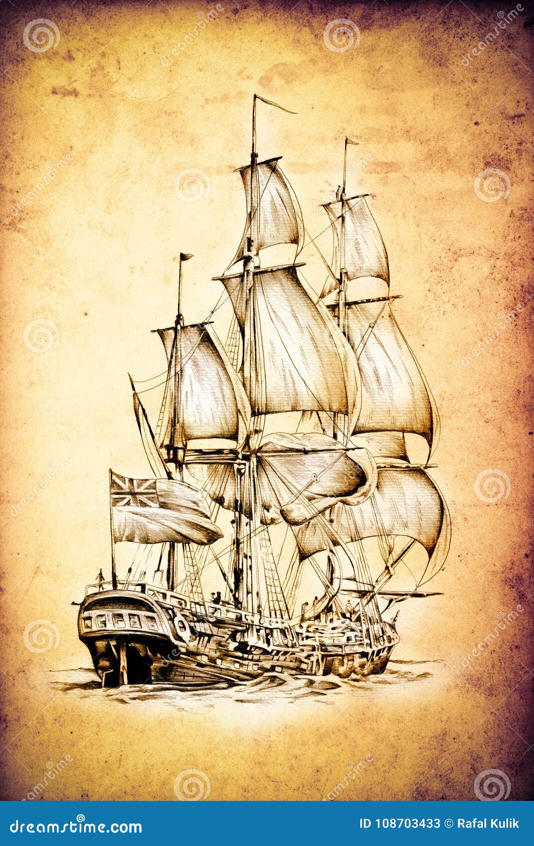 Dibujo Antiguo Del Mar Del Barco Hecho a Mano Stock de ilustración -  Ilustración de nube, aventura: 108703433