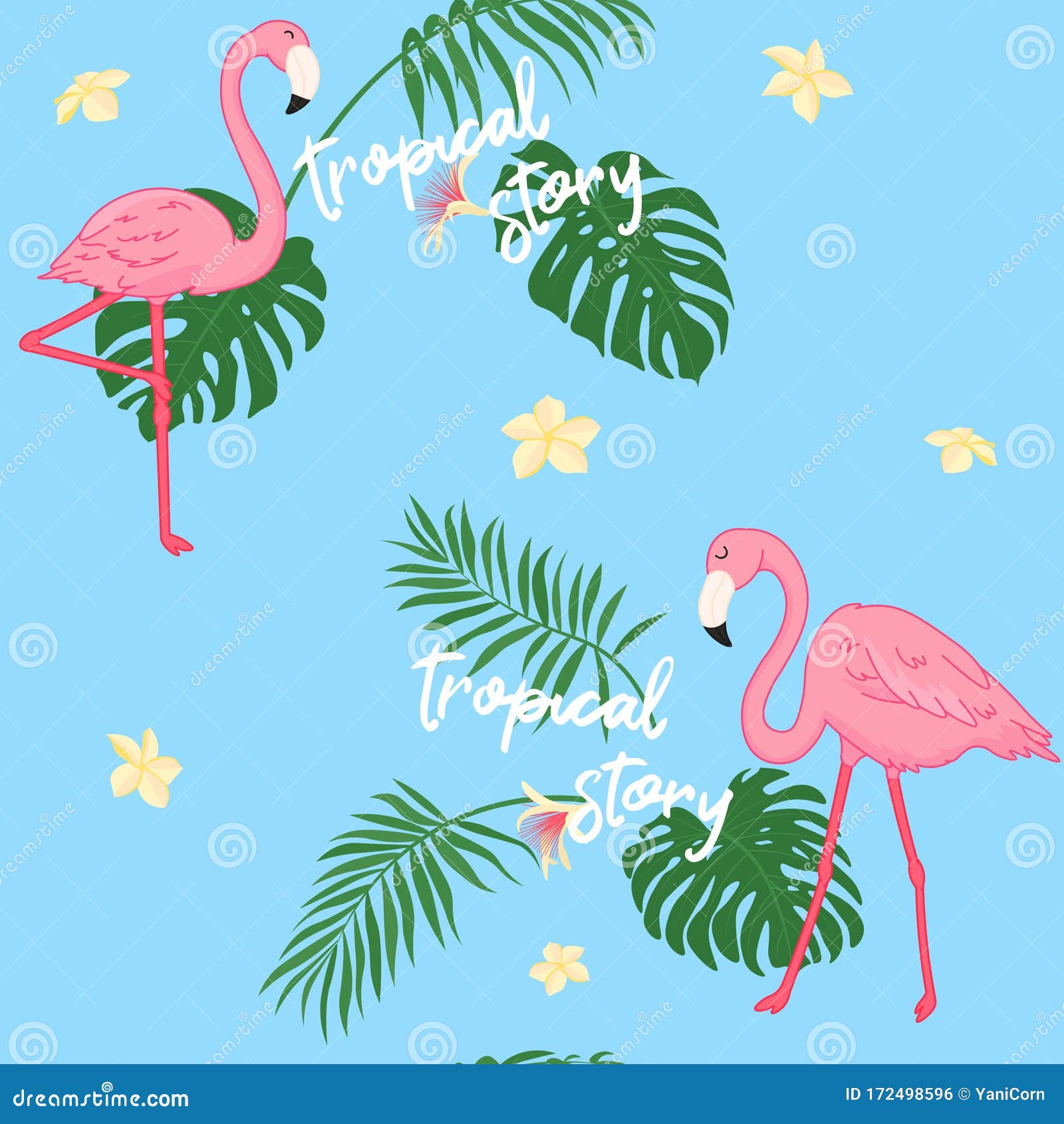 Dibujo De Dibujos Animados De Color Rosa Flamencos Sin Soldadura Sobre  Fondo Azul, Aves Tropicales Silvestres Con Hojas Y Flores, Ilustración del  Vector - Ilustración de tela, manuscrito: 172498596