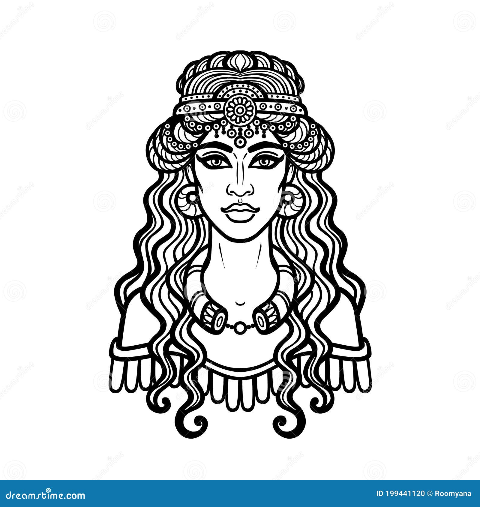Dibujo De Dibujos Animados: Una Mujer Hermosa Con Un Peinado Antiguo, Un  Personaje De La Mitología Asiria Ilustración del Vector - Ilustración de  insignia, diosa: 199441120