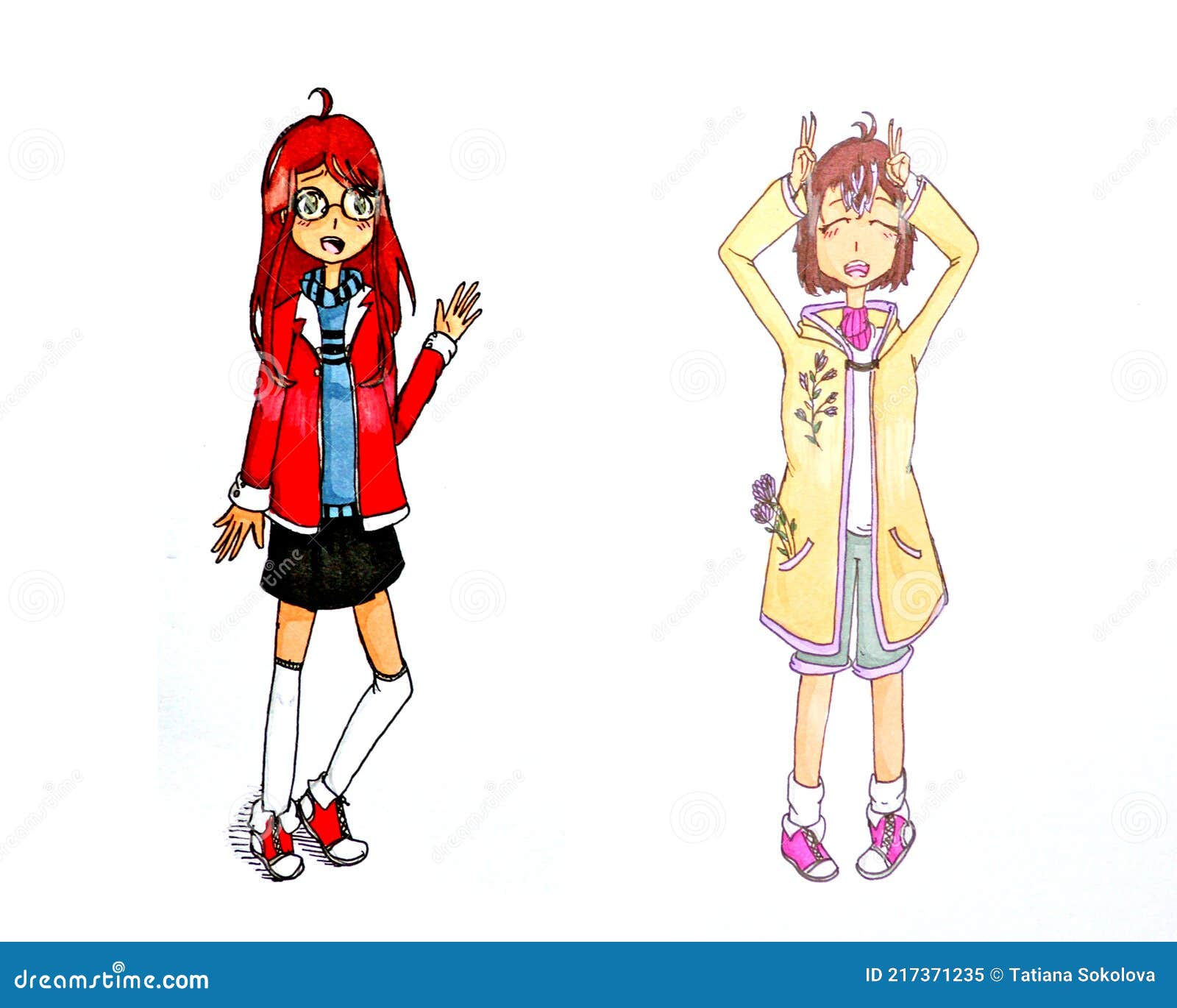 Dibujo De Dos Chicas De Pie Sobre Un Fondo Blanco En Estilo Anime  Ilustración del Vector - Ilustración de soporte, ella: 217371235