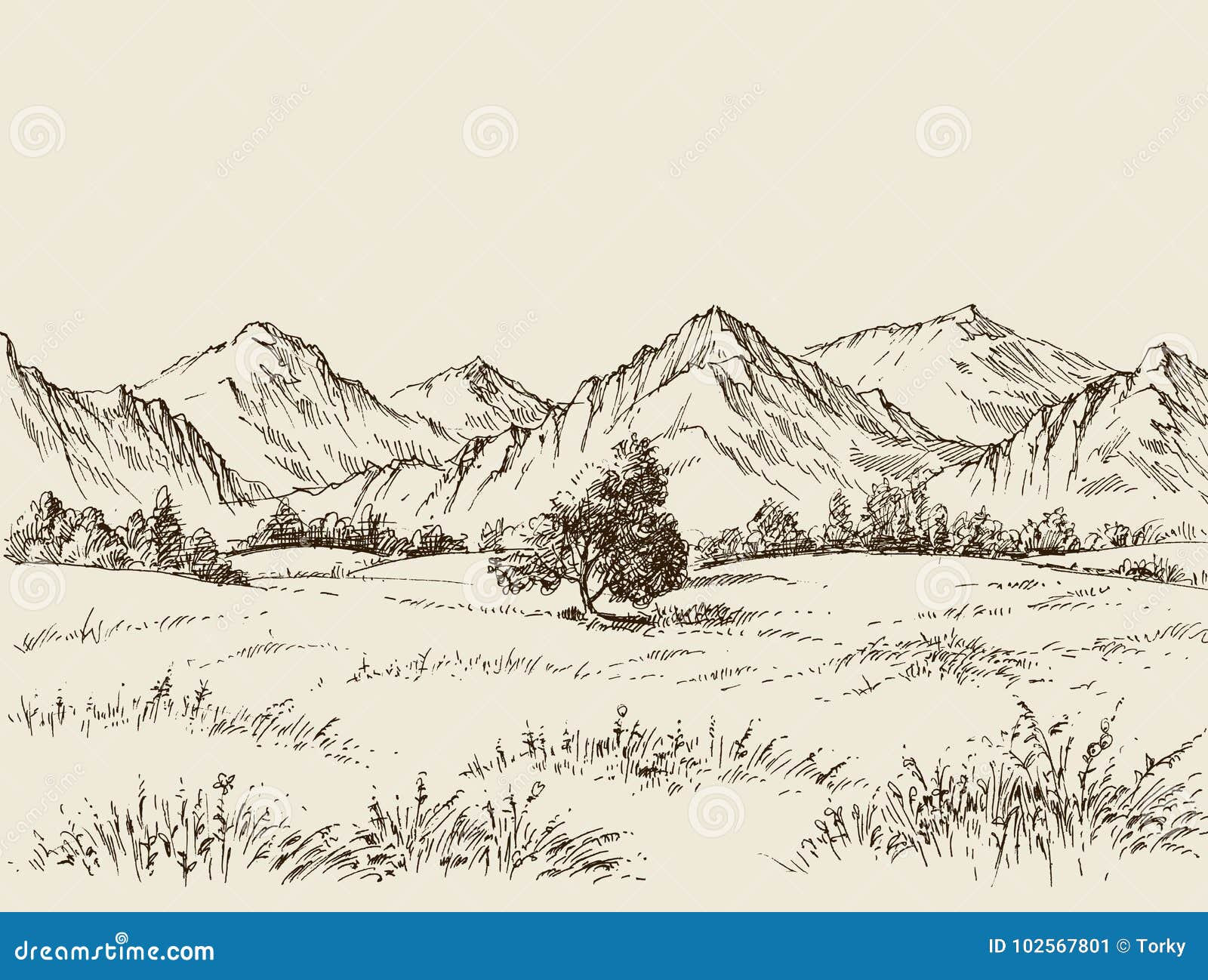 Dibujo De La Pradera Y De Las Montañas Ilustración del Vector - Ilustración  de espacio, fondo: 102567801