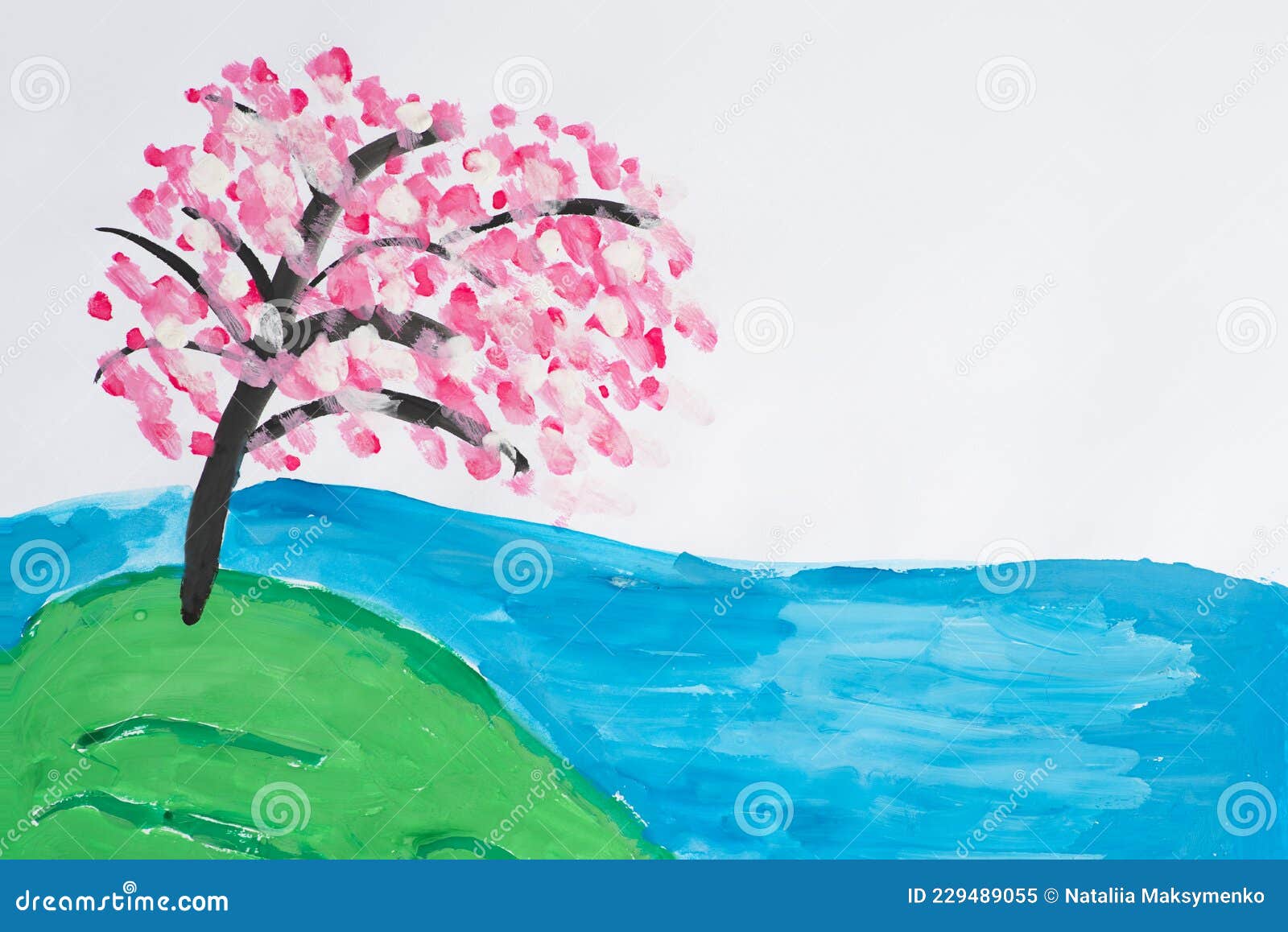Dibujo De Niños De Sakura En El Paisaje De La Ribera Del Río Con Un árbol  Floreciente Y Un Lago De Manera Abstracta Y Expresiva Stock de ilustración  - Ilustración de noche,