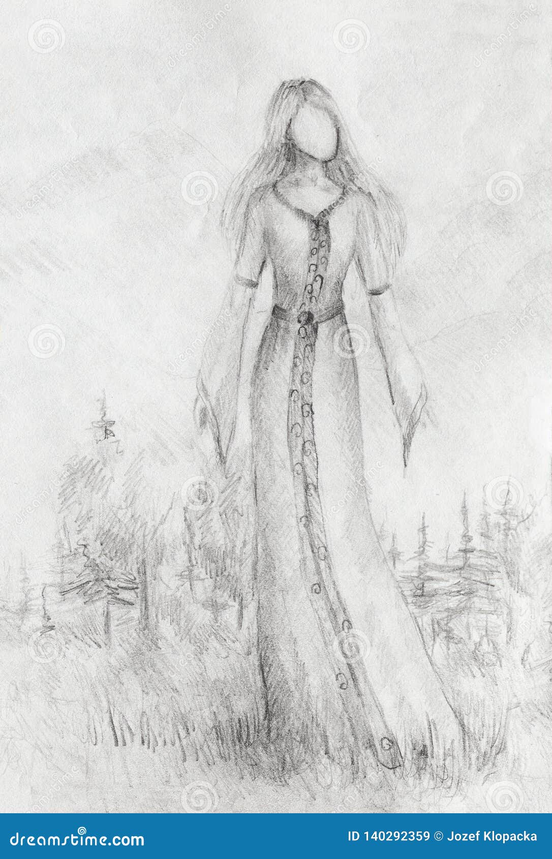 Dibujo De Una Silueta De La Mujer En Vestido Histórico En Paisaje Salvaje  Stock de ilustración - Ilustración de ropa, concepto: 140292359