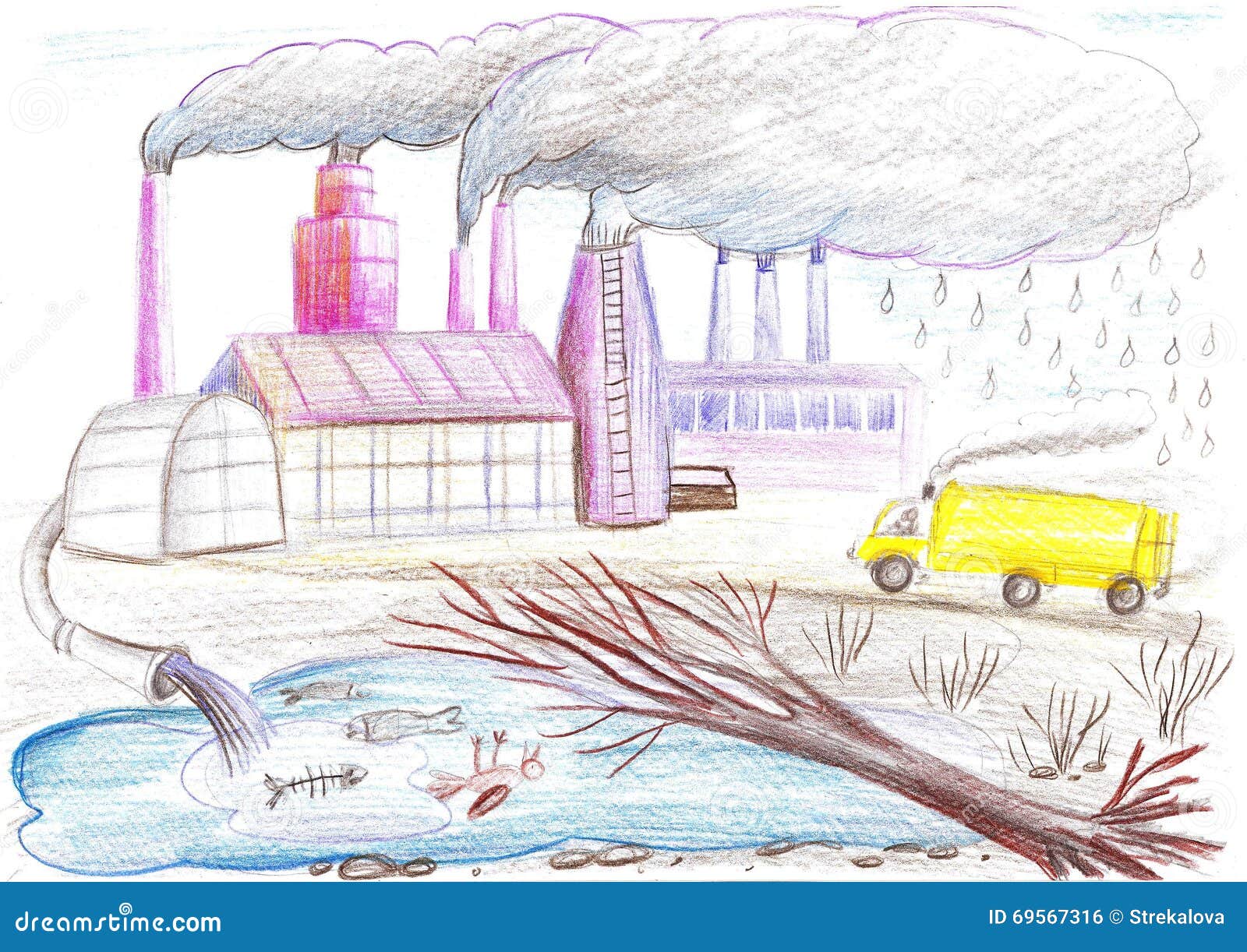 Dibujo Ecológico En El Tema De La Contaminación Ambiental Stock de  ilustración - Ilustración de lluvia, ambiental: 69567316