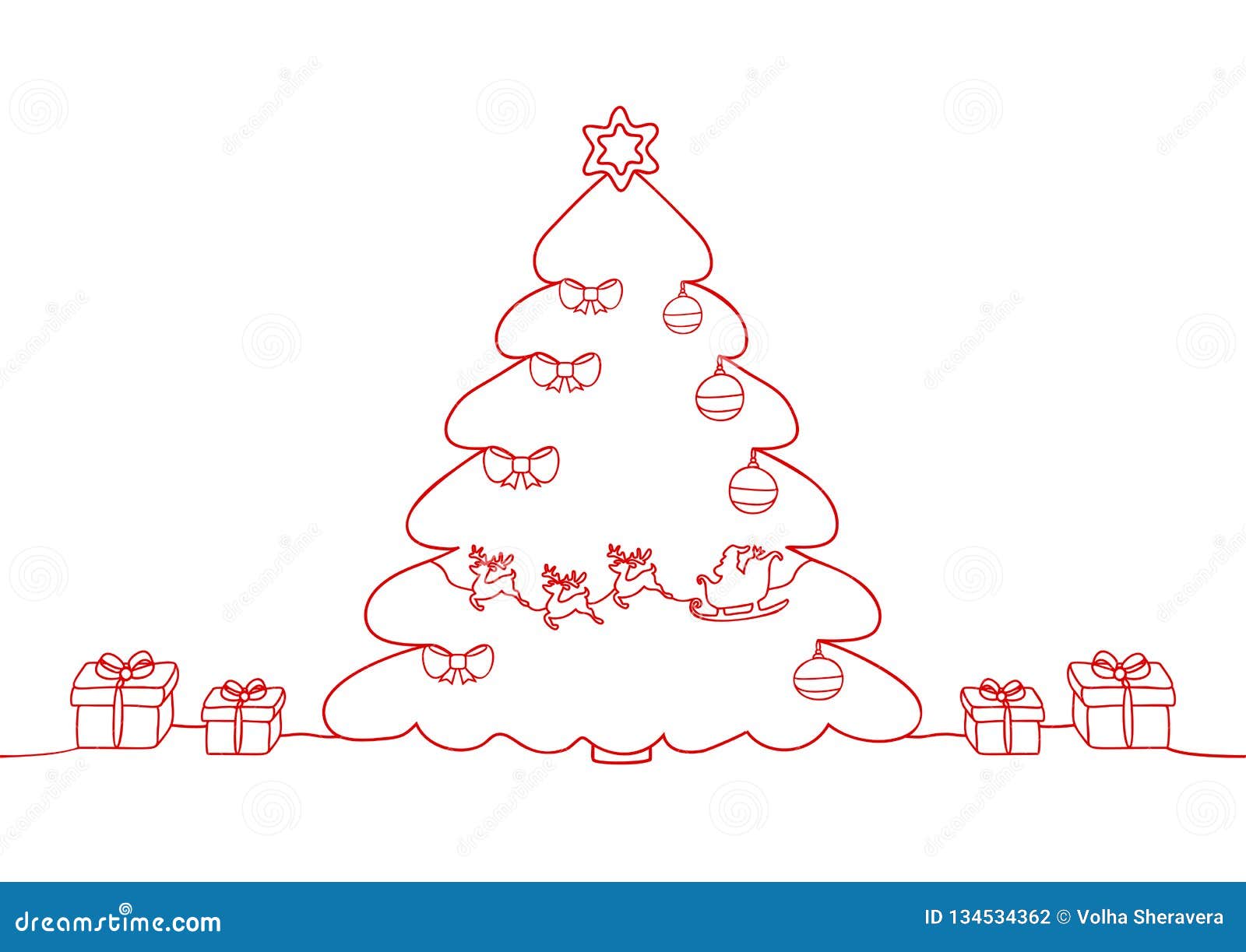Dibujo Lineal Continuo De Un Día De Fiesta De La Navidad, Santa Claus En Un  Trineo, Ciervos, Un árbol De Navidad Y Juguetes, Copo Ilustración del  Vector - Ilustración de elemento, saludo: