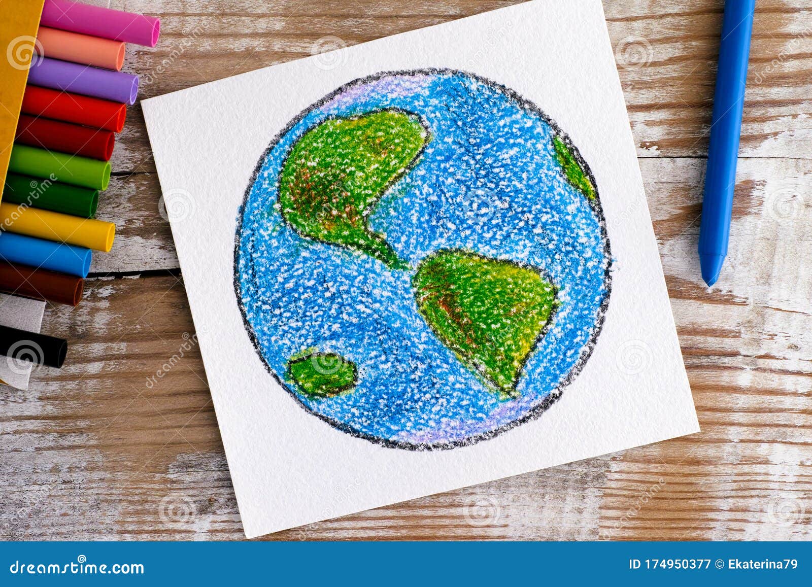 Dibujo a Mano Planeta Tierra Con Crayones De Cera. Fondo De Madera Imagen  de archivo - Imagen de azul, fondo: 174950377