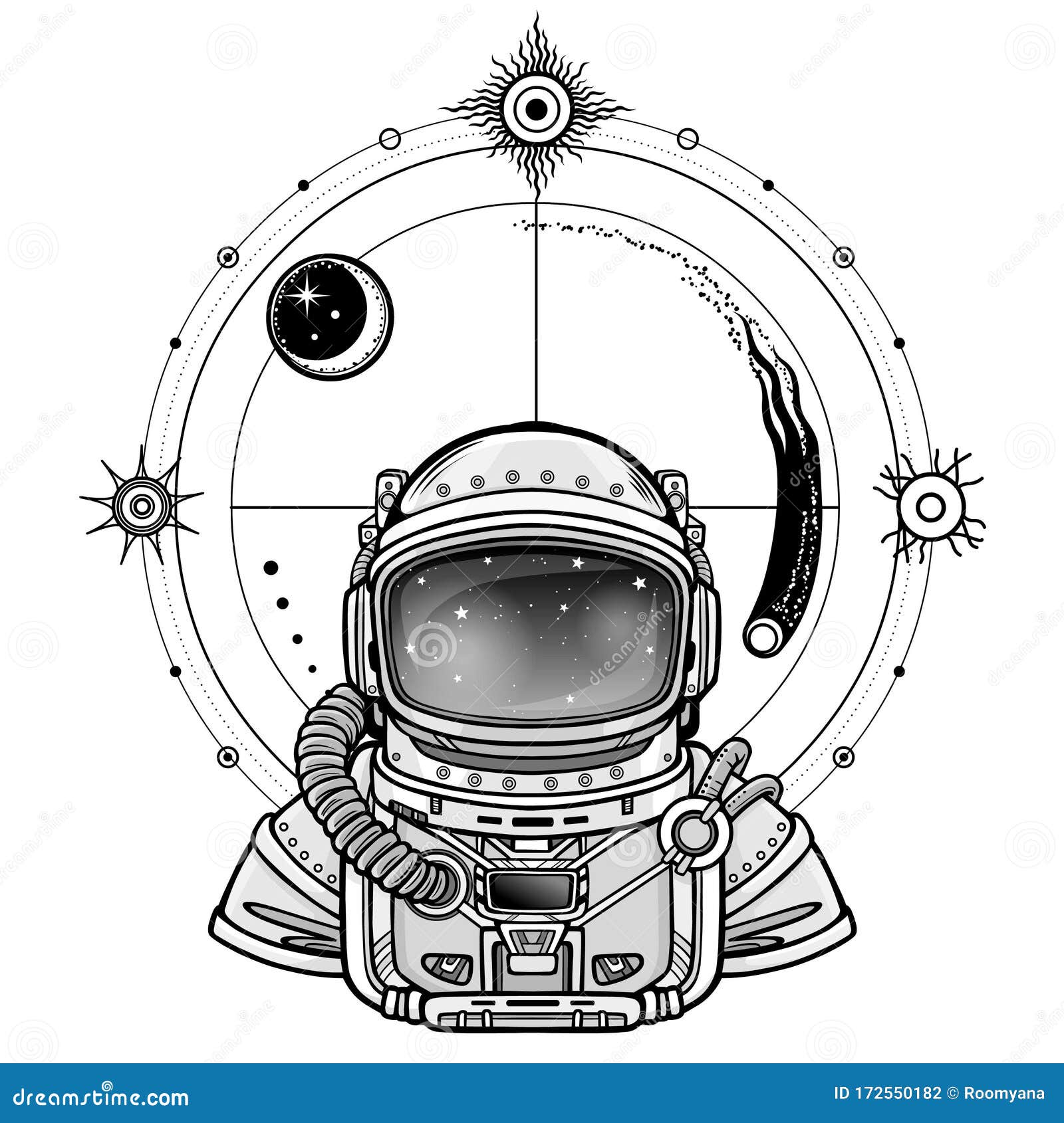 entrada período Maldito Dibujo Monocromo: Animador Astronauta Con Traje Espacial, Símbolos Cósmicos  Ilustración del Vector - Ilustración de investiga, luna: 172550182