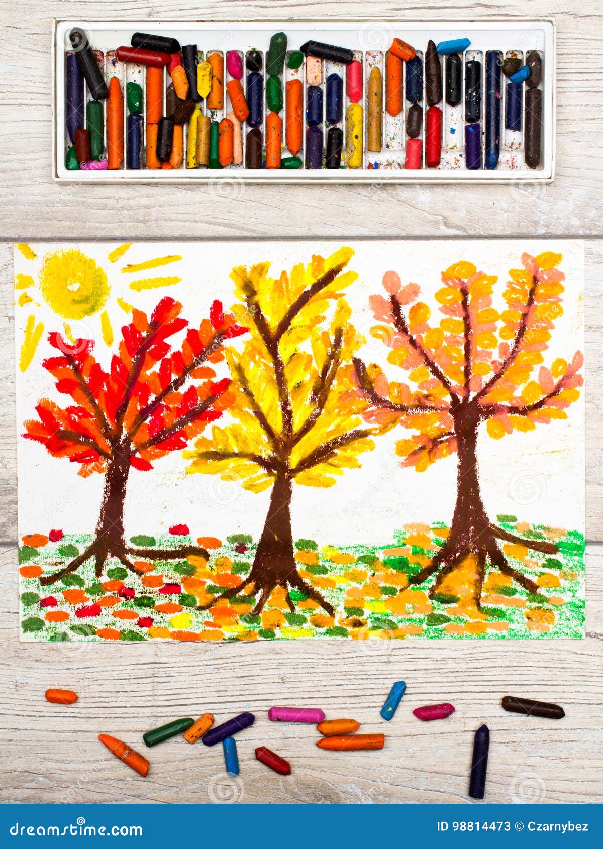Dibujo: Paisaje Del Otoño, árboles Con Las Hojas Del Amarillo, Anaranjadas  Y Del Rojo Imagen de archivo - Imagen de rojo, hojas: 98814473