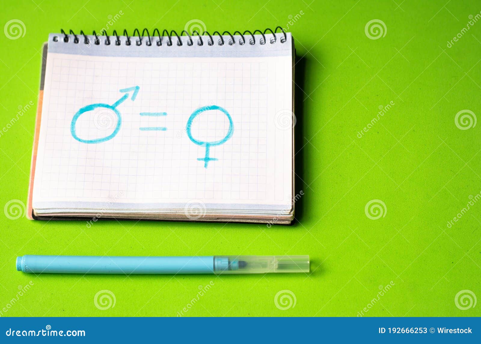 Dibujo Sobre Igualdad De Género En Una Página Blanca Del Cuaderno En Un  Escritorio Verde Imagen de archivo - Imagen de azul, papel: 192666253