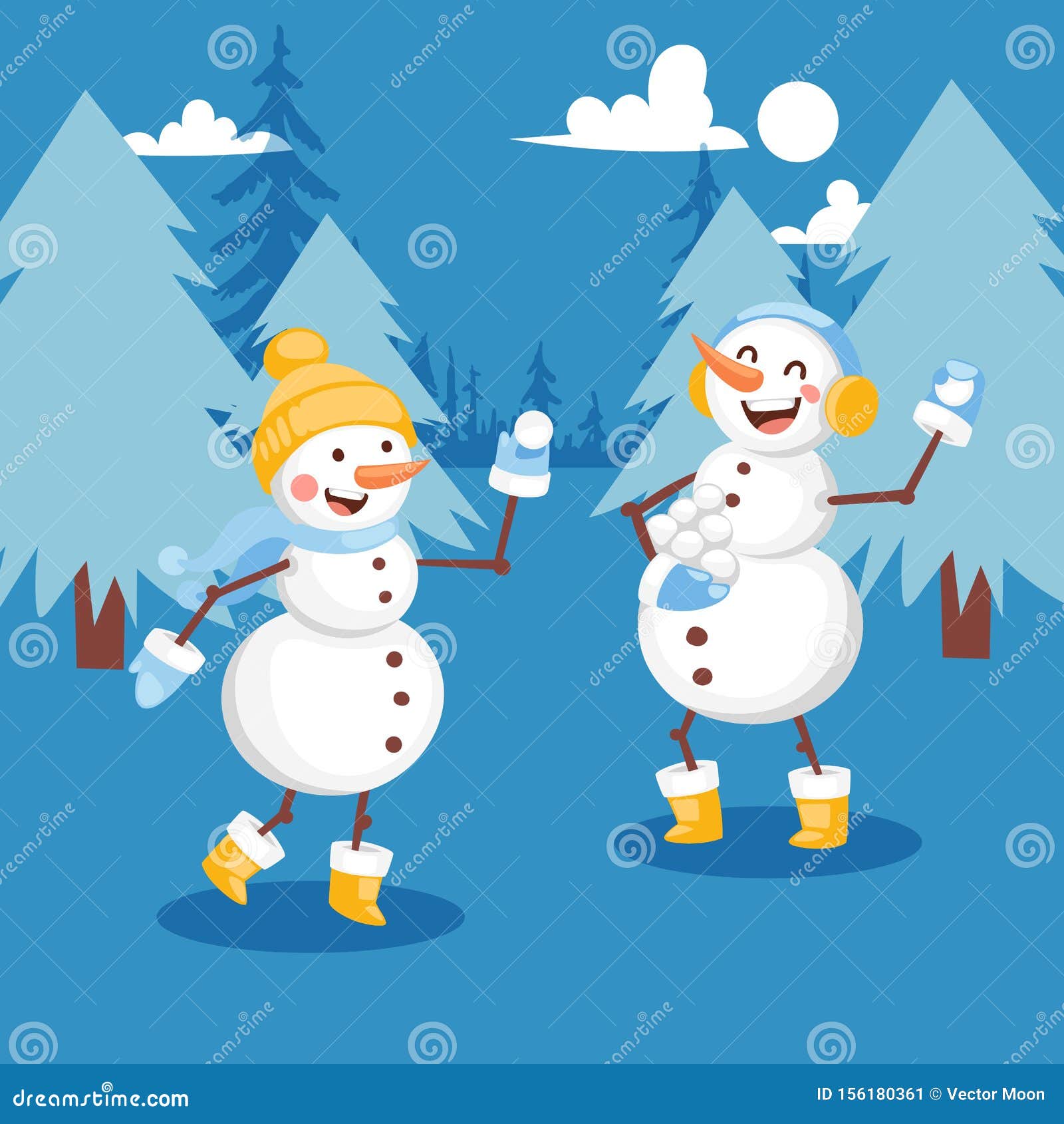 Dibujo Vectorial De Pancartas De Bola De Nieve Con Muñecos De Nieve. Animados Personajes Planos En Sombrero, Bufanda, Faroles Y Ilustración del Vector - Ilustración de sombrero, vectorial: 156180361
