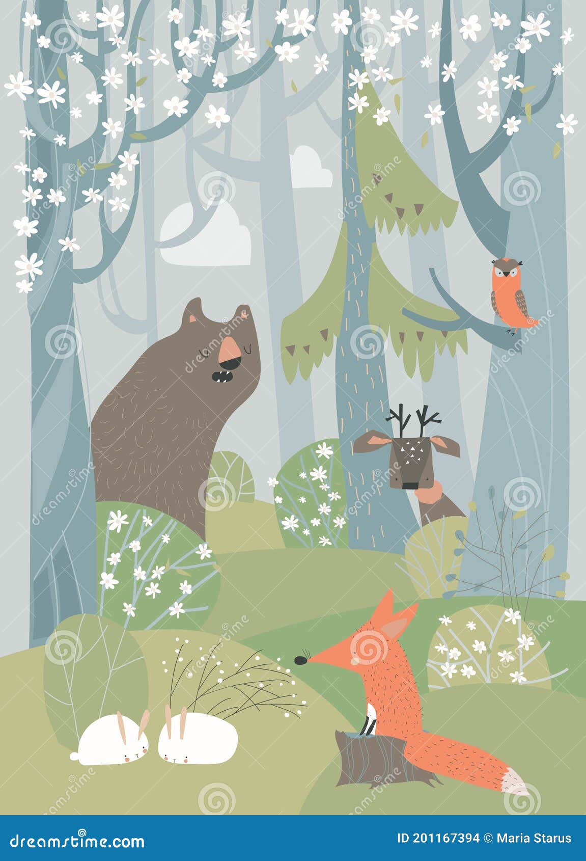 Dibujos Animados Animales Adorables En El Bosque De Flores De Primavera  Ilustración del Vector - Ilustración de lindo, verde: 201167394