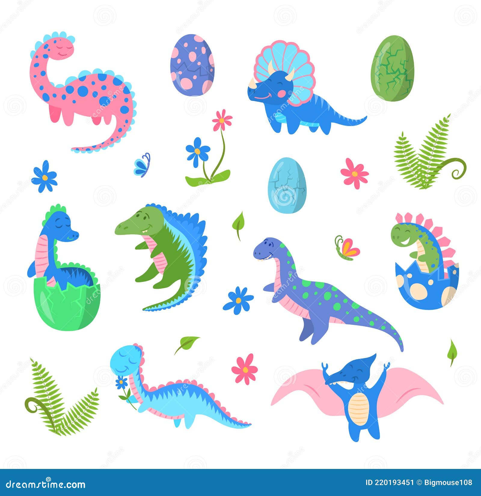 Dibujos Animados Color Personajes Lindo Bebé Dinosaurios Conjunto. Vector  Ilustración del Vector - Ilustración de despredador, plano: 220193451